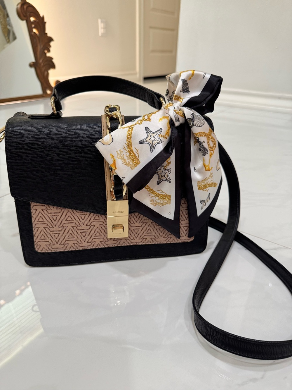 Aldo Black and Beige Top-Handle Crossbody with Scarf Accent